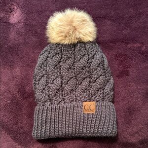 C.C Brown Cable Knit Beanie with Tan Faux Fur Pom